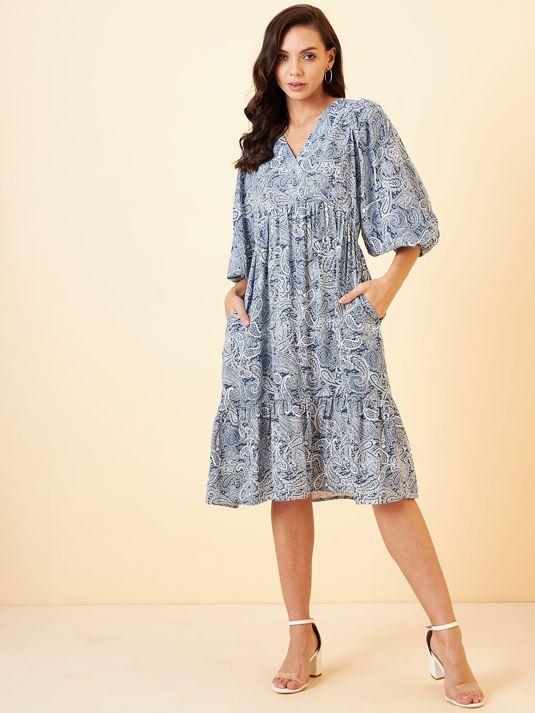 Blue Paisley Printed Midi Tier Dress ...